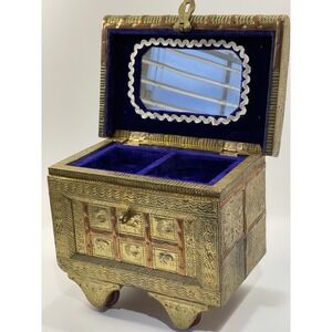 Vintage Handmade Embossed Brass &‎ Copper Decorative Jewelry Box On Wheels